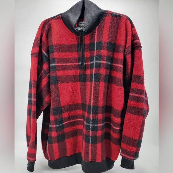 Vintage Bugle Boy Company Red Check Plaid 1/4 Zip Fishing Pullover Jacket XL - Picture 1 of 13